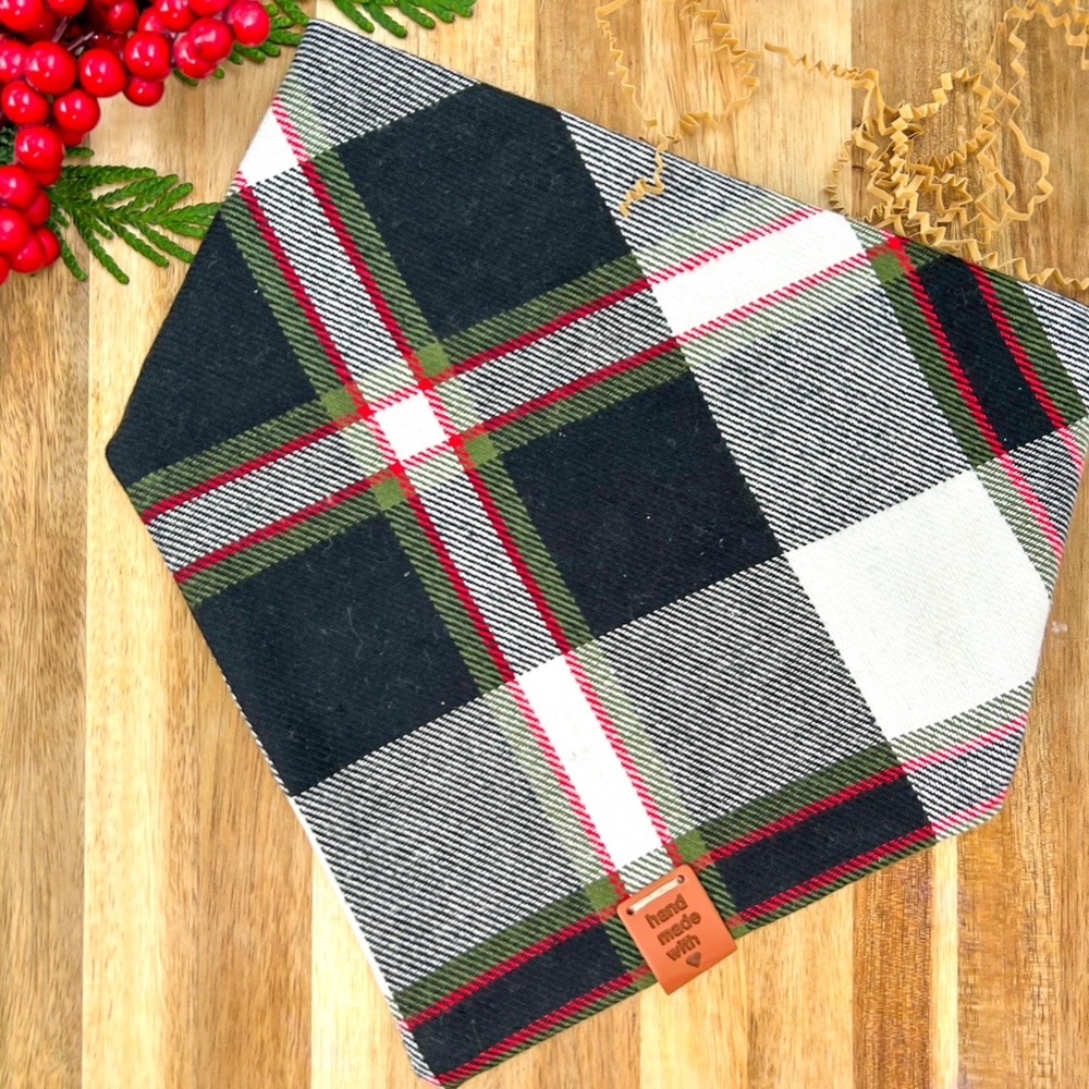 Flannel Dog Bandana- Plaid - Black, white and Red - Premium